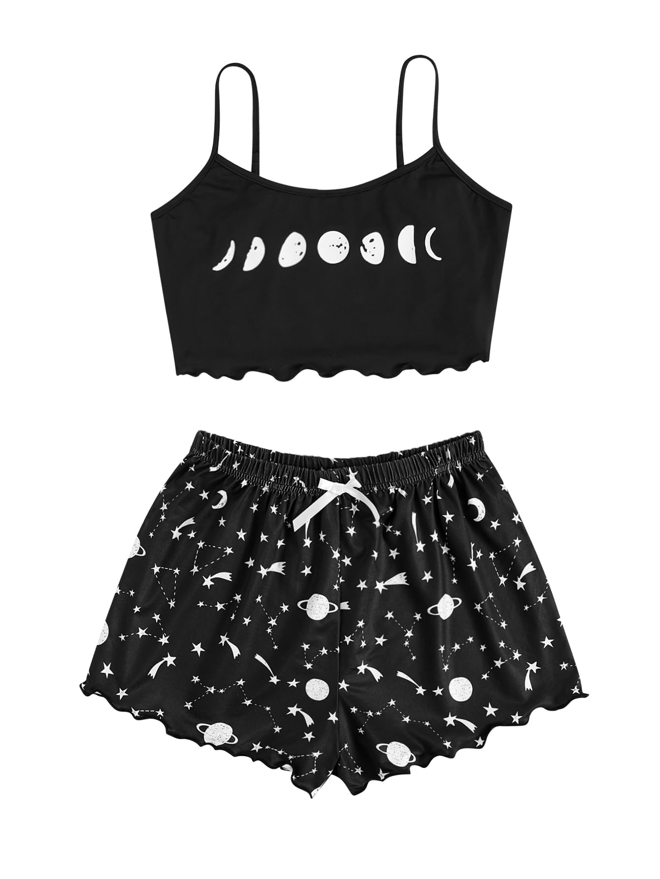 SOLY HUX Women's Cartoon Print Lettuce Trim Cami Top and Shorts Cute Pajama Set Sleepwear Black Star Moon M