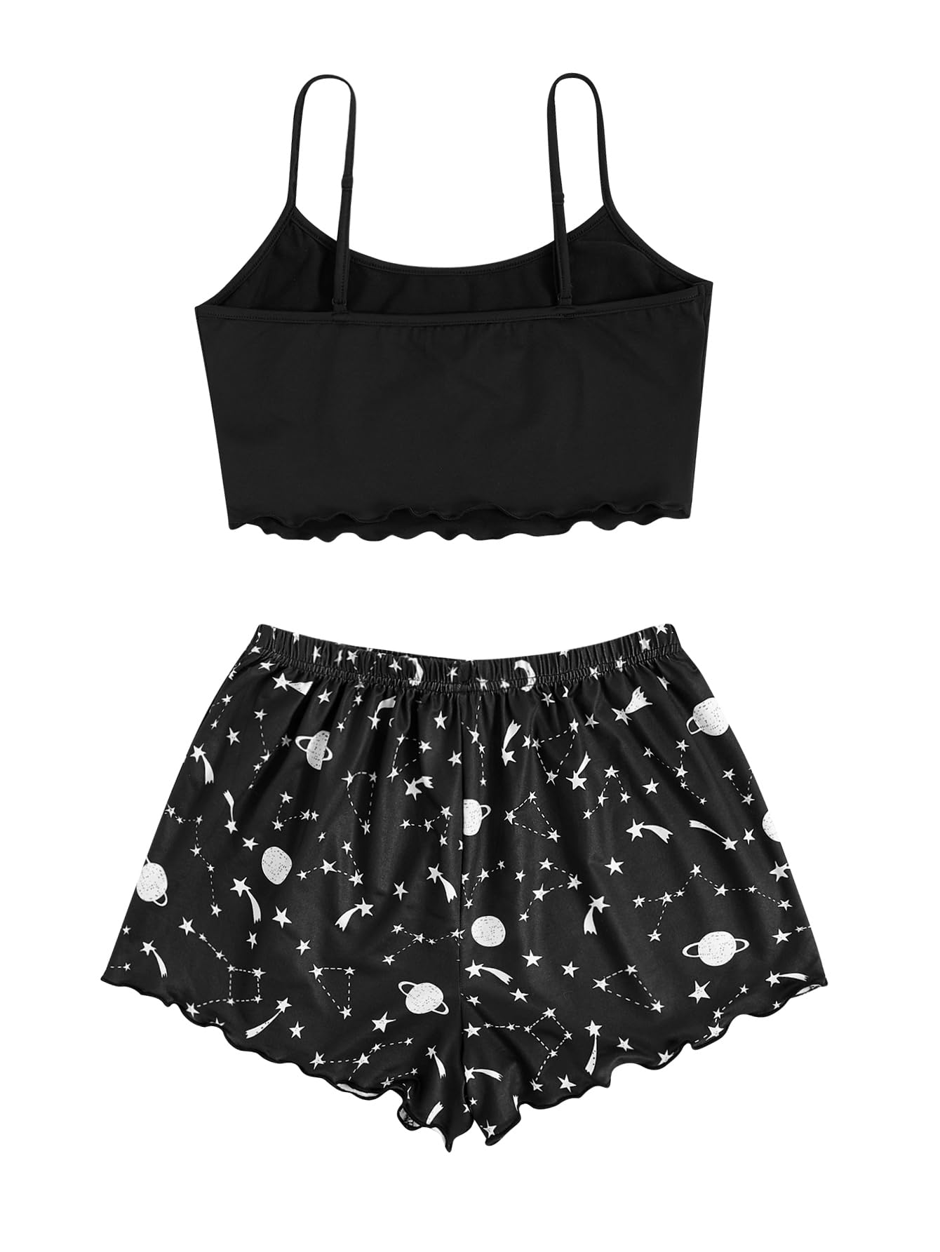 SOLY HUX Women's Cartoon Print Lettuce Trim Cami Top and Shorts Cute Pajama Set Sleepwear Black Star Moon M