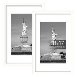enjoybasics 11x17 picture frame, display poster 8x12 with mat or 11 x 17 without mat, wall gallery photo frames, white, 2 pack