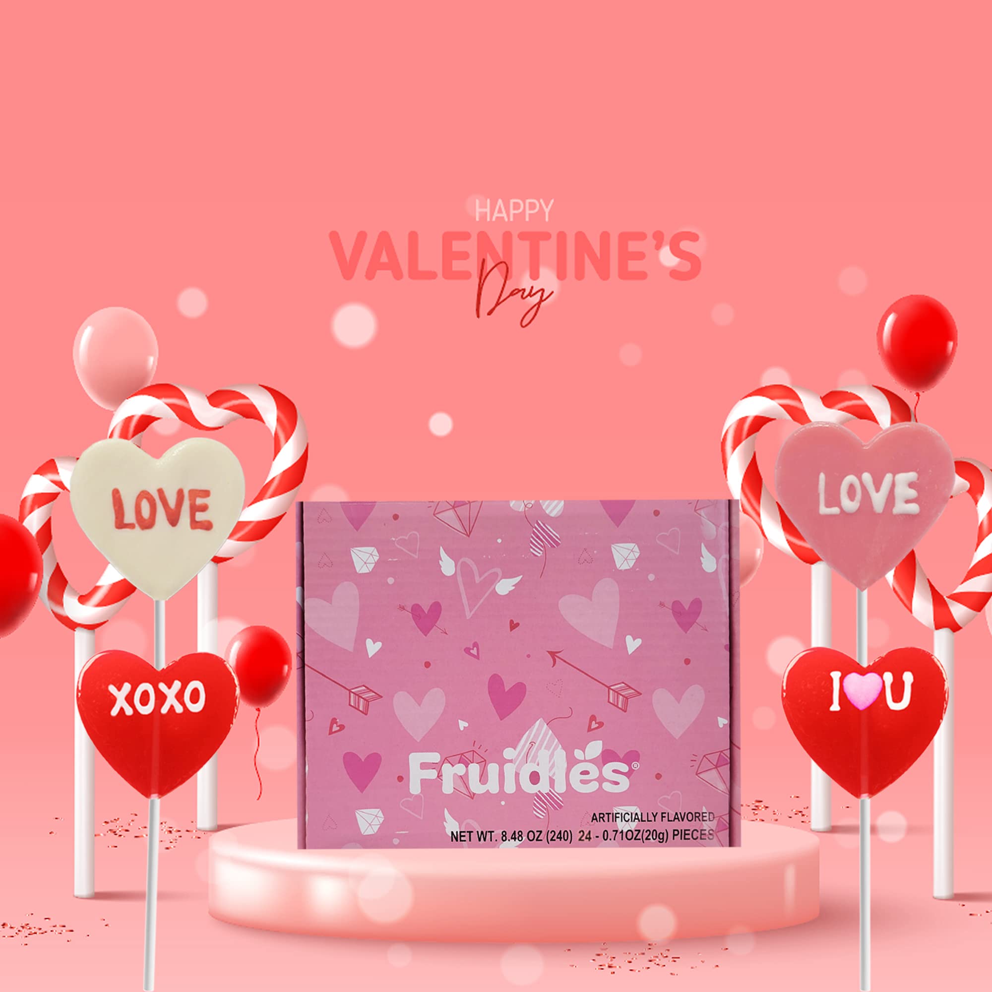 Fruidles Valentine's Day Lollipop Sucker, Red Lips, Be Mine & Love You Heart Suckers, Individually Wrapped (24-Pack)