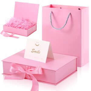 zonon gift box with lid and ribbon 9 x 7 x 3'' luxury packaging box greeting card and tissue paper for wedding birthday graduation fathers day gift packaging (pink)