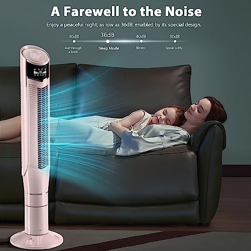 Antarctic Star Tower Fan 360°Oscillating Fan Quiet Cooling 24H Timer Remote Control Powerful Standing 8 Wind Speed 3 Wind Modes Ionizer Mode Bladeless Portable LED Display,Bedroom 47-Inch Pink