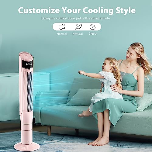 Antarctic Star Tower Fan 360°Oscillating Fan Quiet Cooling 24H Timer Remote Control Powerful Standing 8 Wind Speed 3 Wind Modes Ionizer Mode Bladeless Portable LED Display,Bedroom 47-Inch Pink