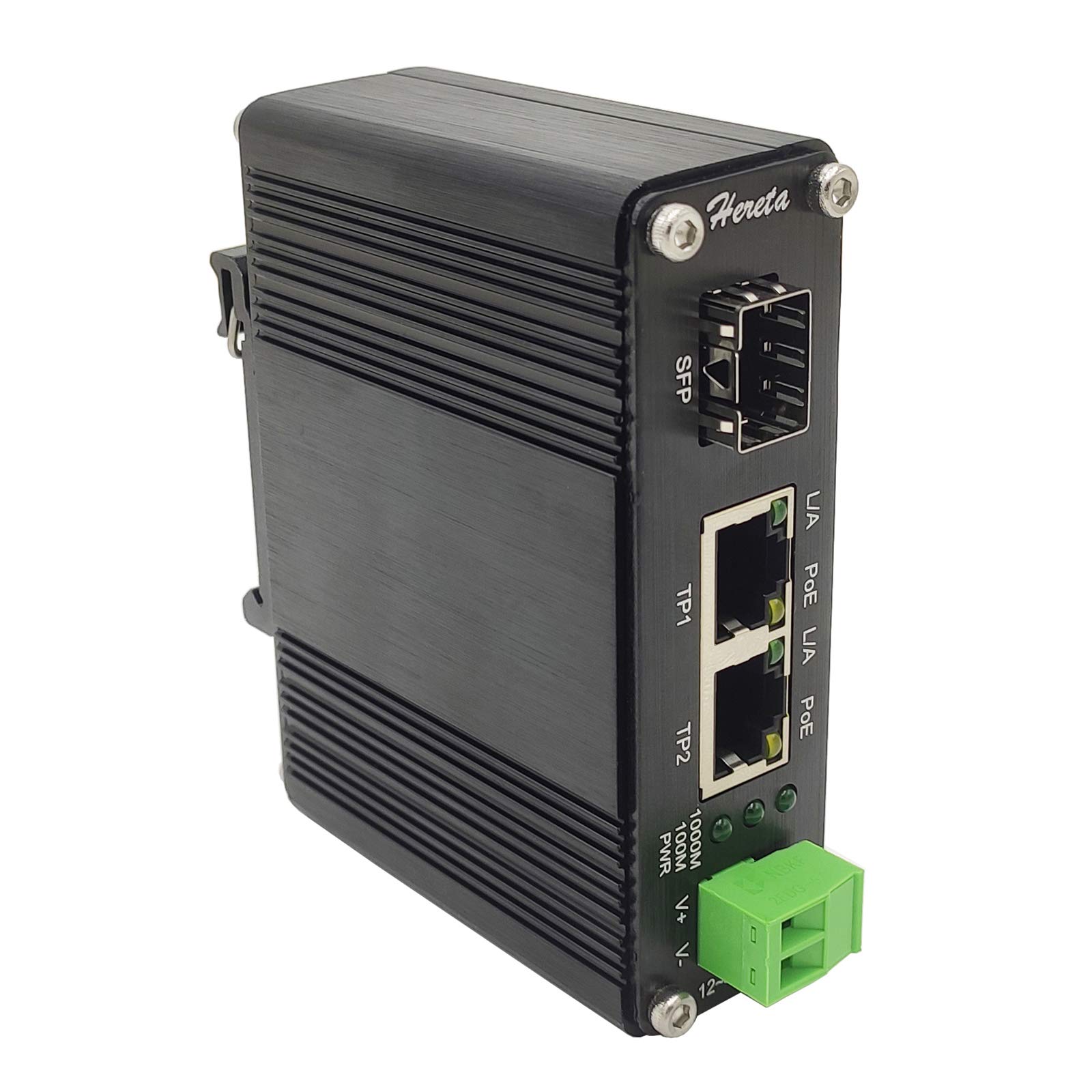 Hereta Gigabit Industrial Ethernet Media Converter POE+ 30W Aluminum Case 2 RJ45 Port 1 SFP Port Supports External SFP Modules 12~48V DC Input Power