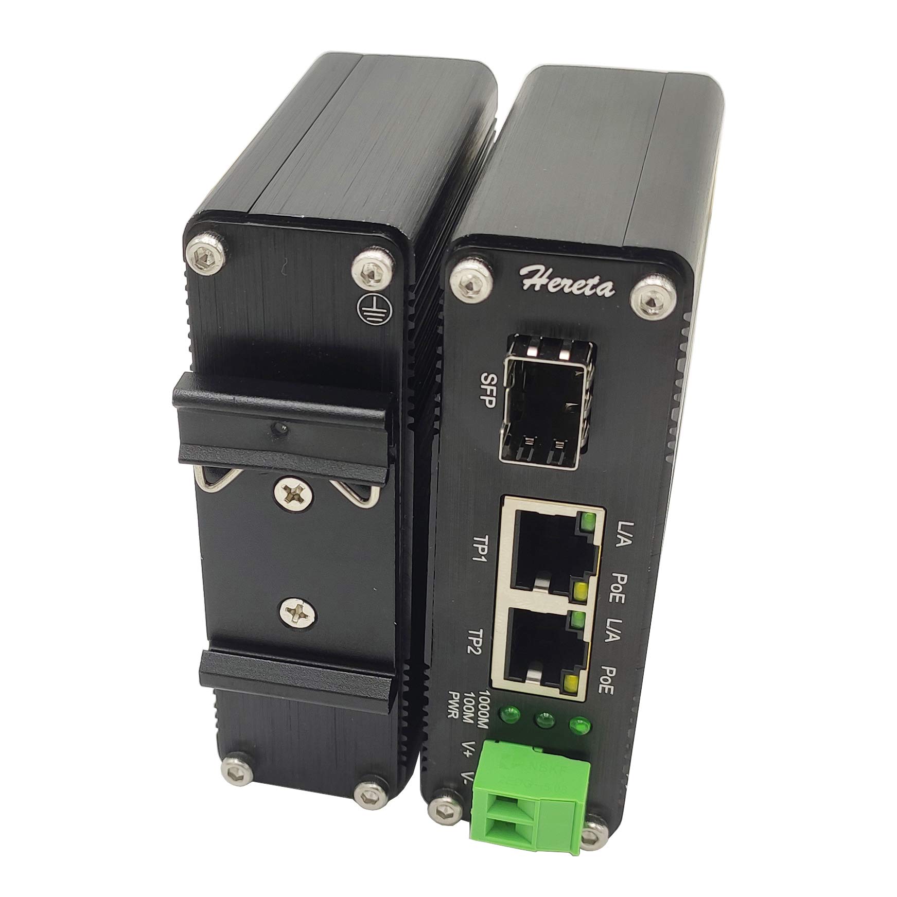 Hereta Gigabit Industrial Ethernet Media Converter POE+ 30W Aluminum Case 2 RJ45 Port 1 SFP Port Supports External SFP Modules 12~48V DC Input Power