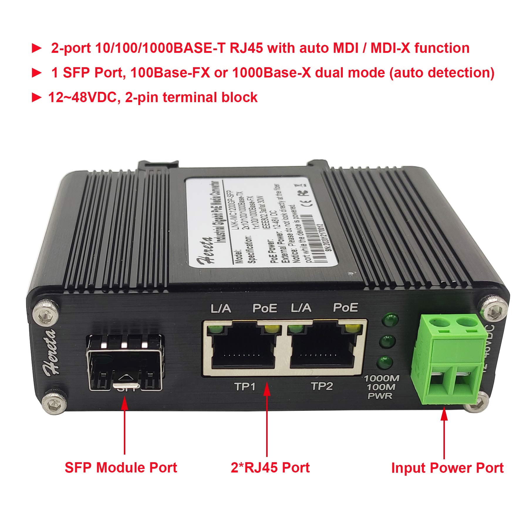 Hereta Gigabit Industrial Ethernet Media Converter POE+ 30W Aluminum Case 2 RJ45 Port 1 SFP Port Supports External SFP Modules 12~48V DC Input Power