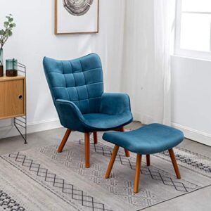 Roundhill Furniture Leiria Contemporary Silky Velvet Tufted Accent Chair with Ottoman, Single, Blue