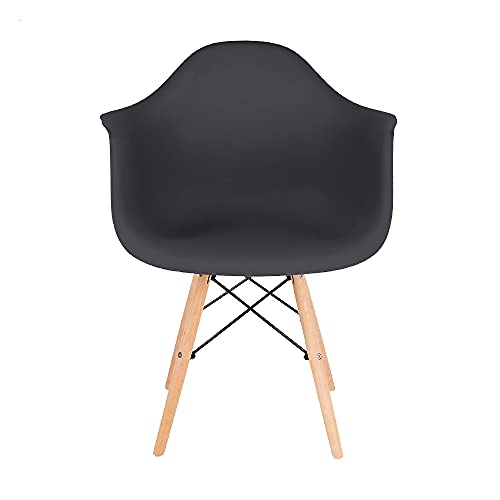 CangLong Natural Wood Legs Mid Century Modern Molded Shell Lounge Plastic Arm Dining-Chairs, Set of 1, Black