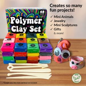 Oven Bake Polymer Clay Set 48 Colors Modeling Clay Sculpting and Starter Bake Clay Kit Baking and Colored Professional Molding Bulk Packs for Making Jewelry, Beads, Earrings, Molds & More