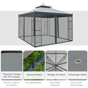 Outsunny 10' x 10' Patio Gazebo with Corner Frame Shelves, Double Roof Outdoor Gazebo Canopy Shelter with Netting for Patio, Wedding, Catering & Events, Gray