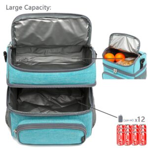 FlowFly Double Layer Cooler Insulated Lunch Bag Adult Lunch Box Large Tote Bag for Men, Women, With Adjustable Strap,Front Pocket and Dual Large Mesh Side Pockets,Sea Blue