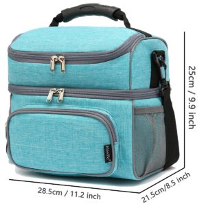 FlowFly Double Layer Cooler Insulated Lunch Bag Adult Lunch Box Large Tote Bag for Men, Women, With Adjustable Strap,Front Pocket and Dual Large Mesh Side Pockets,Sea Blue