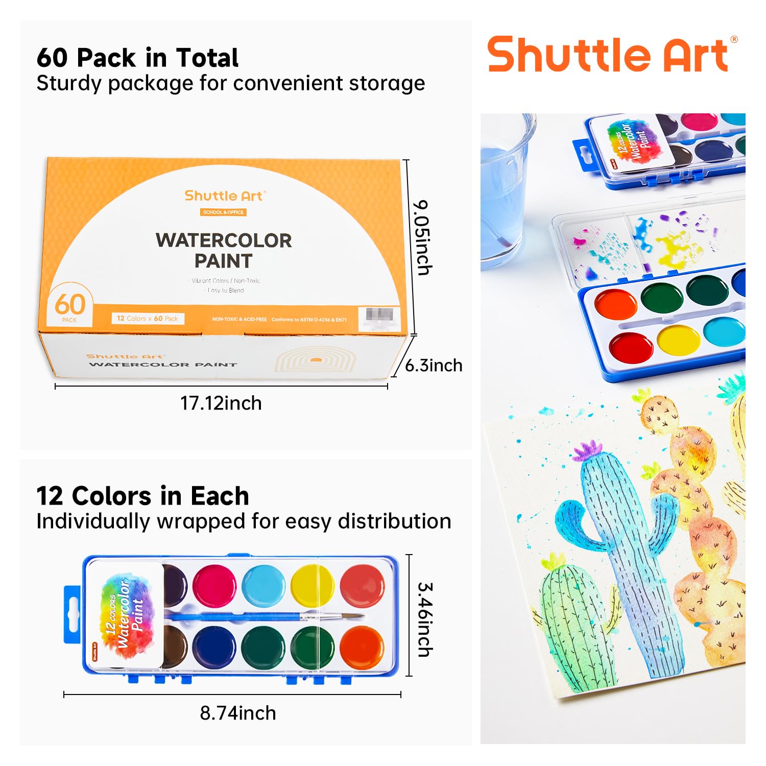 Shuttle Art 12 Colors Watercolor Paint Set Bulk, 60 Pack, Watercolor Paint Set with Paint Brushes for Kids and Adults, Washable Paint for Classroom, Parties, Kindergarten and Art Activities