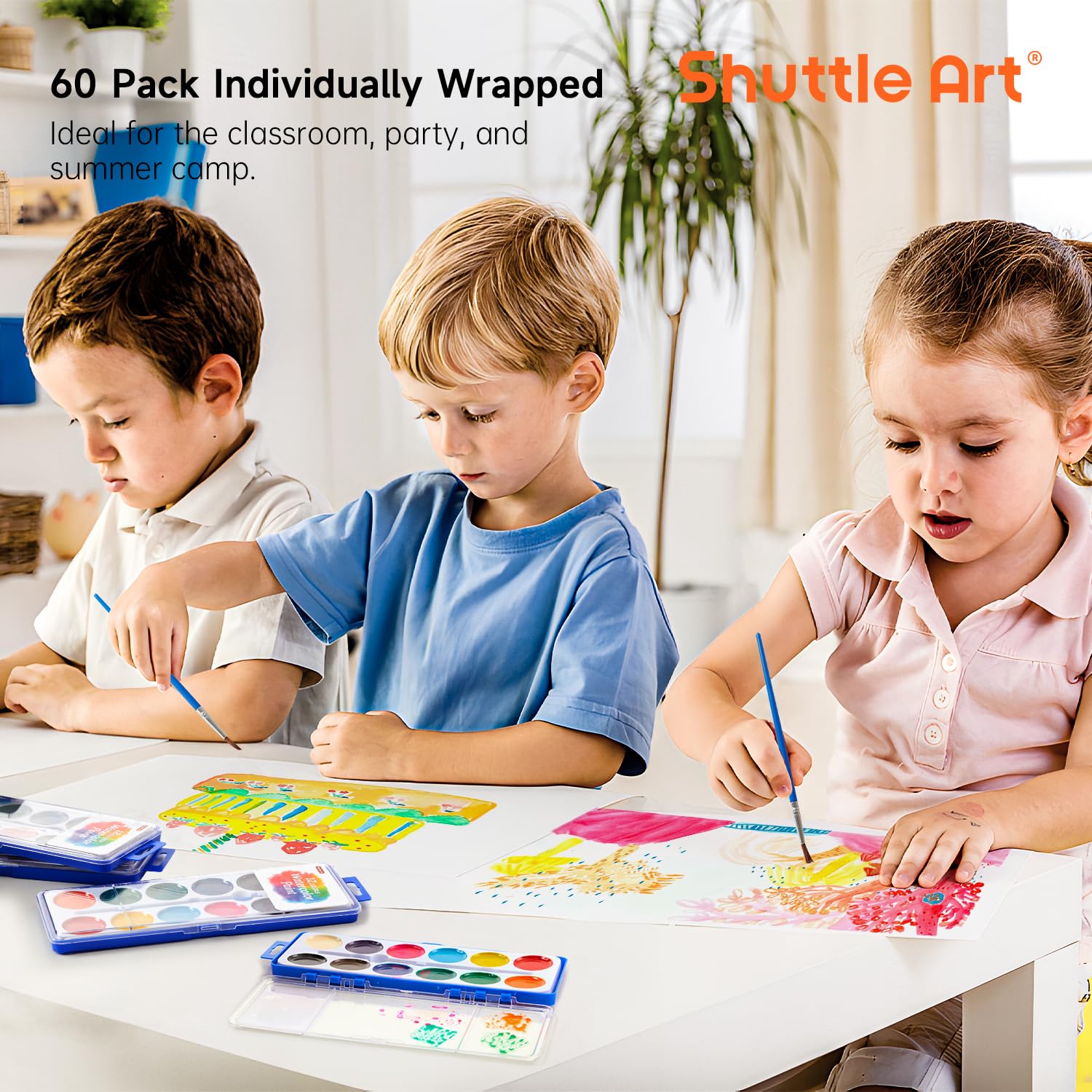 Shuttle Art 12 Colors Watercolor Paint Set Bulk, 60 Pack, Watercolor Paint Set with Paint Brushes for Kids and Adults, Washable Paint for Classroom, Parties, Kindergarten and Art Activities