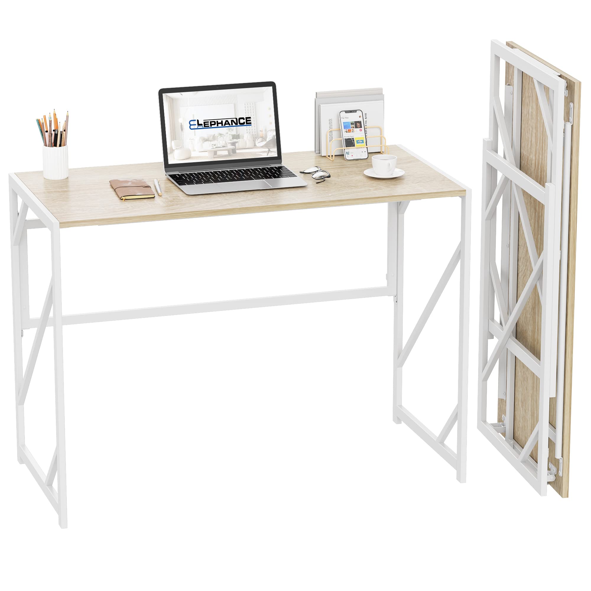 Elephance Folding Desk Writing Computer Desk for Home Office, No-Assembly Study Office Desk Foldable Table for Small Spaces