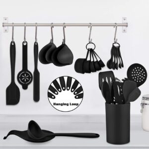 Black Kitchen Utensils Silicone Cooking Utensil Set, P&P CHEF 28Pcs Baking Utensils Spatulas with Holder, Heat-resistant & Non Toxic, Non-stick & Dishwasher Safe