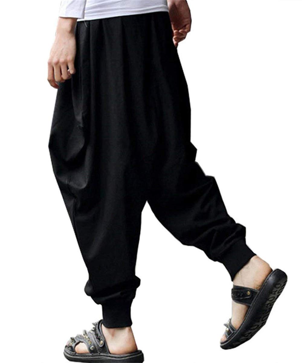 AITFINEISM Men's Drawstring Aladdin Hippie Harem Pants Loose Drop Crotch Trousers (Medium, Black-2)