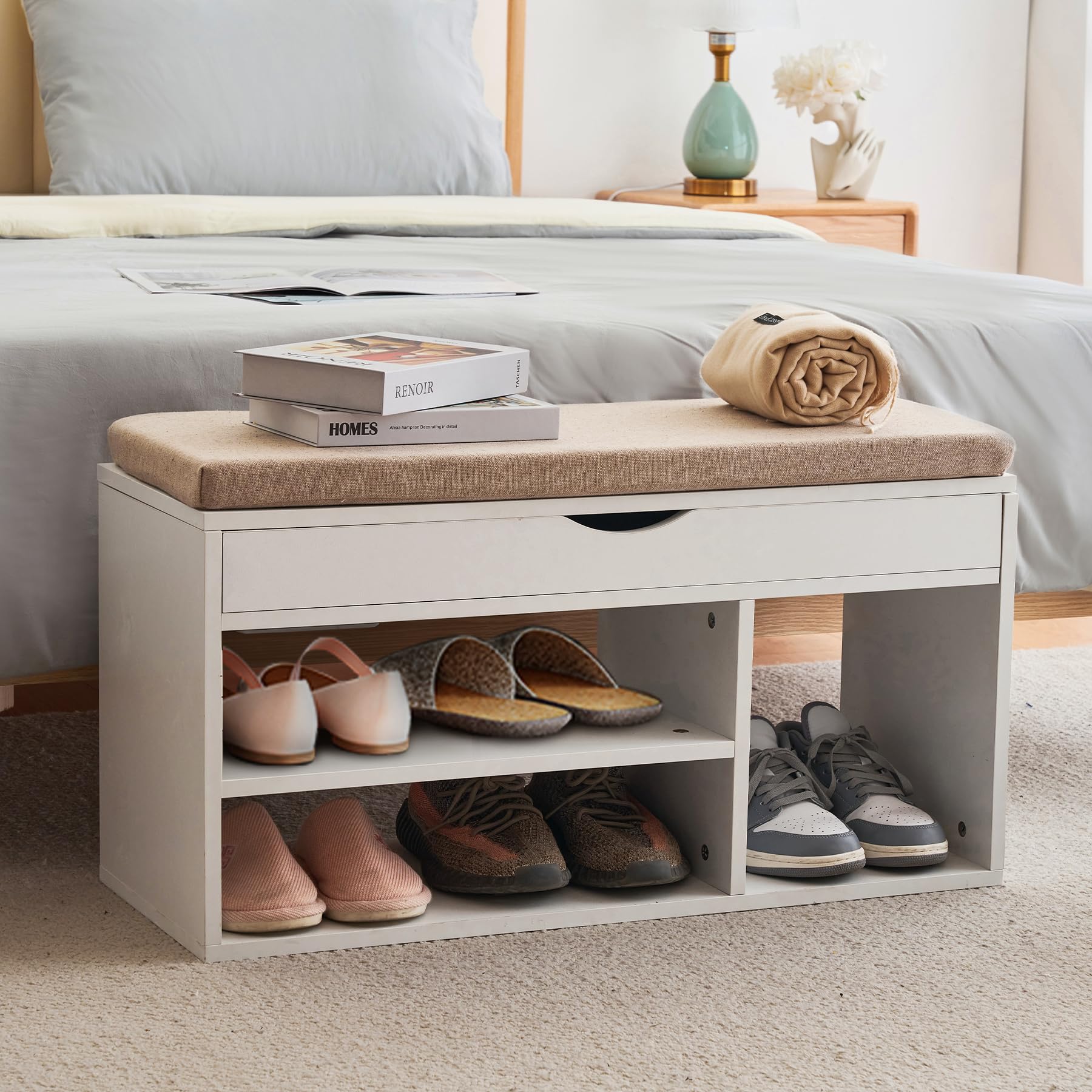 Apicizon Storage Bench, Shoe Bench with Flip Top Storage Space and Padded Cushion, Wooden Bench with Storage for Entryway, Living Room, 2-Tier Shoe Rack Organizer, White