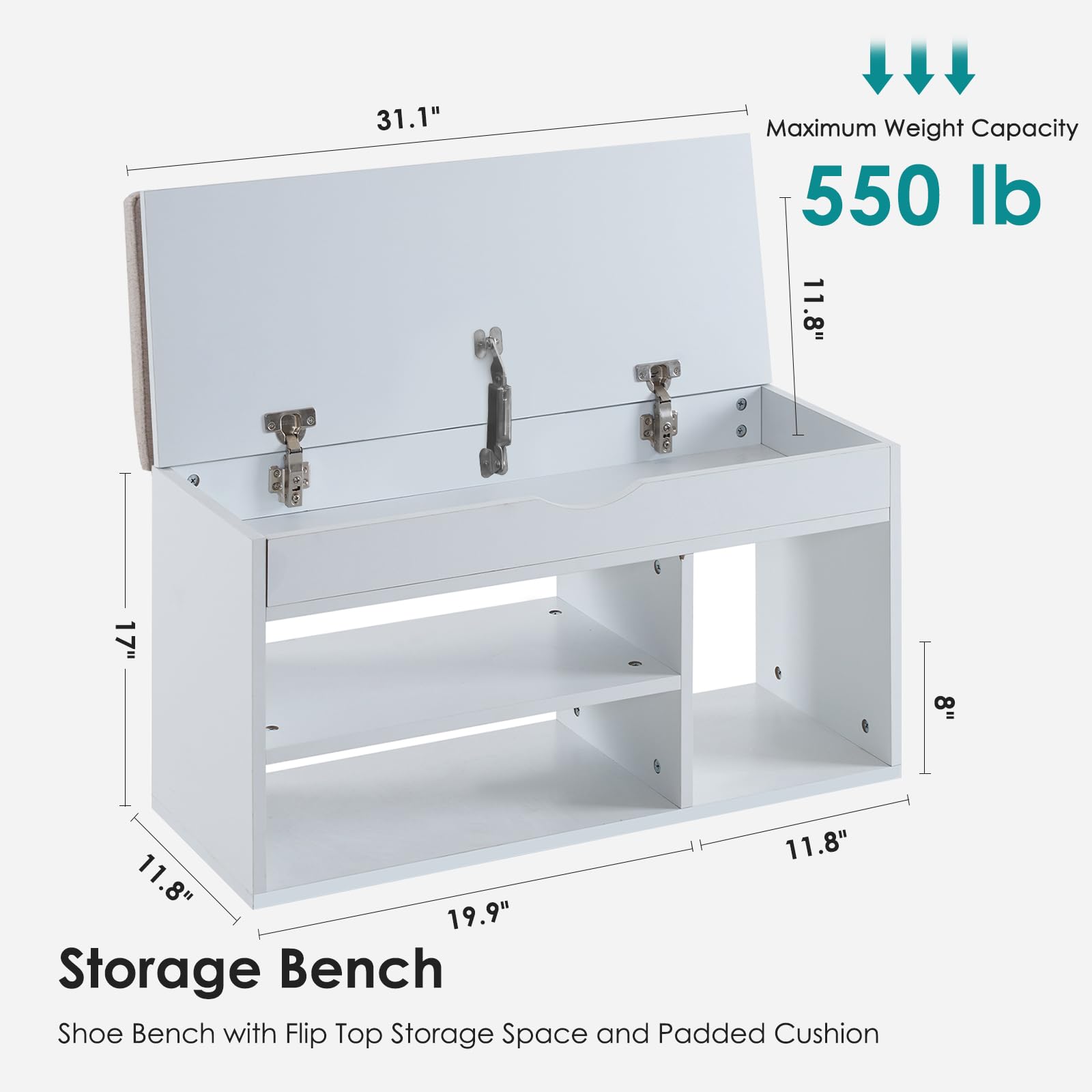 Apicizon Storage Bench, Shoe Bench with Flip Top Storage Space and Padded Cushion, Wooden Bench with Storage for Entryway, Living Room, 2-Tier Shoe Rack Organizer, White