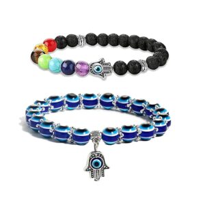 RUIZHEN 2Pcs Evil Eye Hamsa Blue Beaded Charm Stretch Bracelet 7 Chakras Gemstone Lava Stone Hamsa Hand Evil Eye Bracelet (blue bead +7 Chakras)