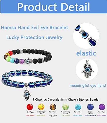 RUIZHEN 2Pcs Evil Eye Hamsa Blue Beaded Charm Stretch Bracelet 7 Chakras Gemstone Lava Stone Hamsa Hand Evil Eye Bracelet (blue bead +7 Chakras)