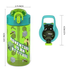 Zak Designs Kids Durable Plastic Spout Cover and Built-in Carrying Loop, Leak-Proof Water Design for Travel, (16oz, 2pc Set), Minecraft Bottle 2pk