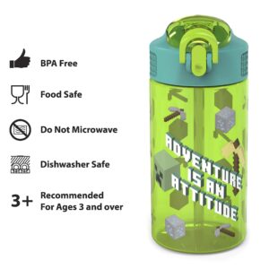 Zak Designs Kids Durable Plastic Spout Cover and Built-in Carrying Loop, Leak-Proof Water Design for Travel, (16oz, 2pc Set), Minecraft Bottle 2pk