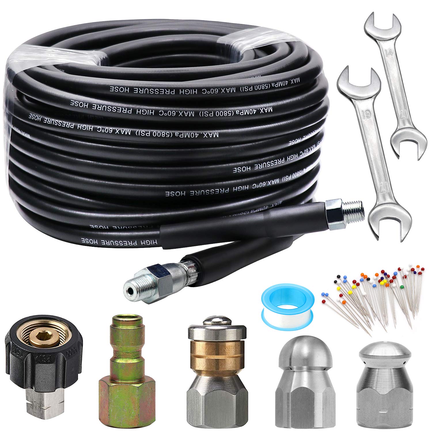 WEST BAY Sewer Jetter Kit 50FT for Pressure Washer, 5800PSI Drain Cleaner Hose 1/4 Inch NPT, Corner, Rotating & Button Nose Sewer Jetting Nozzle with Spanner Waterproof Tape Pearl Corsage Pin