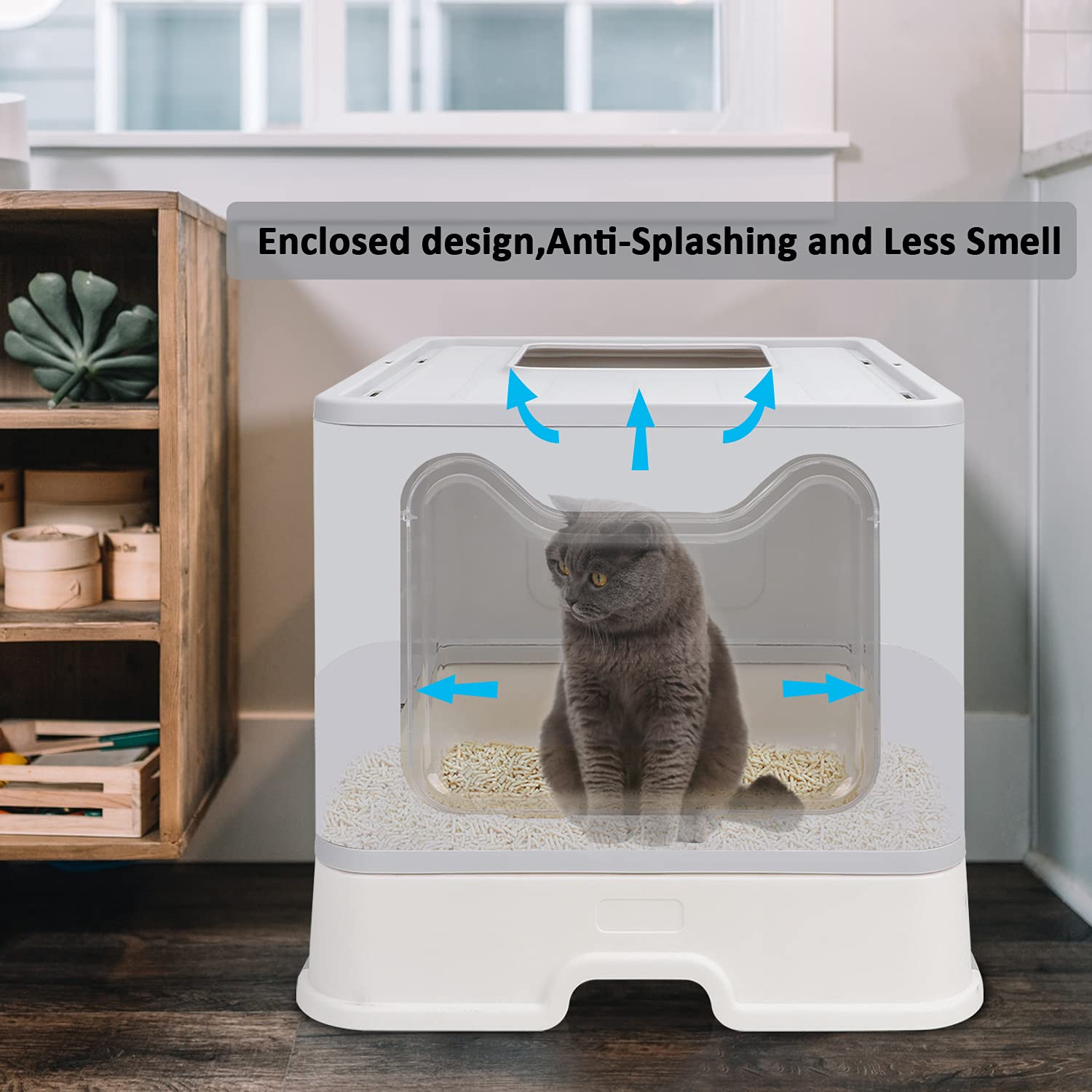 Foldable Cat Litter Box with Lid, Enclosed Cat Potty, Top Entry Anti-Splashing Cat Toilet, Easy to Clean Including Cat Litter Scoop and 2-1 Cleaning Brush (Grey) Large