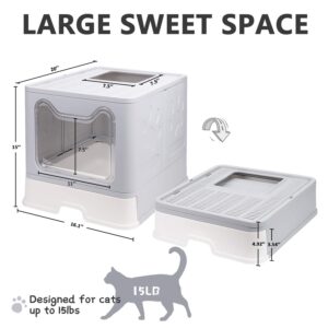 Foldable Cat Litter Box with Lid, Enclosed Cat Potty, Top Entry Anti-Splashing Cat Toilet, Easy to Clean Including Cat Litter Scoop and 2-1 Cleaning Brush (Grey) Large