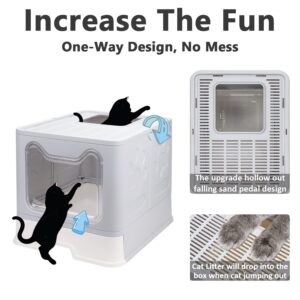 Foldable Cat Litter Box with Lid, Enclosed Cat Potty, Top Entry Anti-Splashing Cat Toilet, Easy to Clean Including Cat Litter Scoop and 2-1 Cleaning Brush (Grey) Large