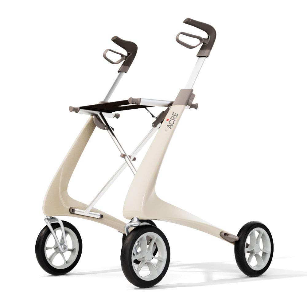 byACRE Carbon Ultralight Rollator Walker with Organizer Bag, Regular Track, 16.5" x 24" Seat (W x H), Oyster White