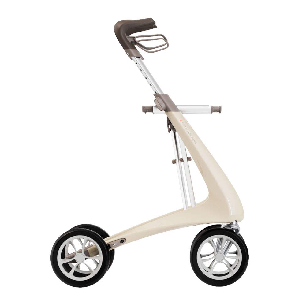 byACRE Carbon Ultralight Rollator Walker with Organizer Bag, Compact Track, 16" x 22" Seat (W x H), Oyster White