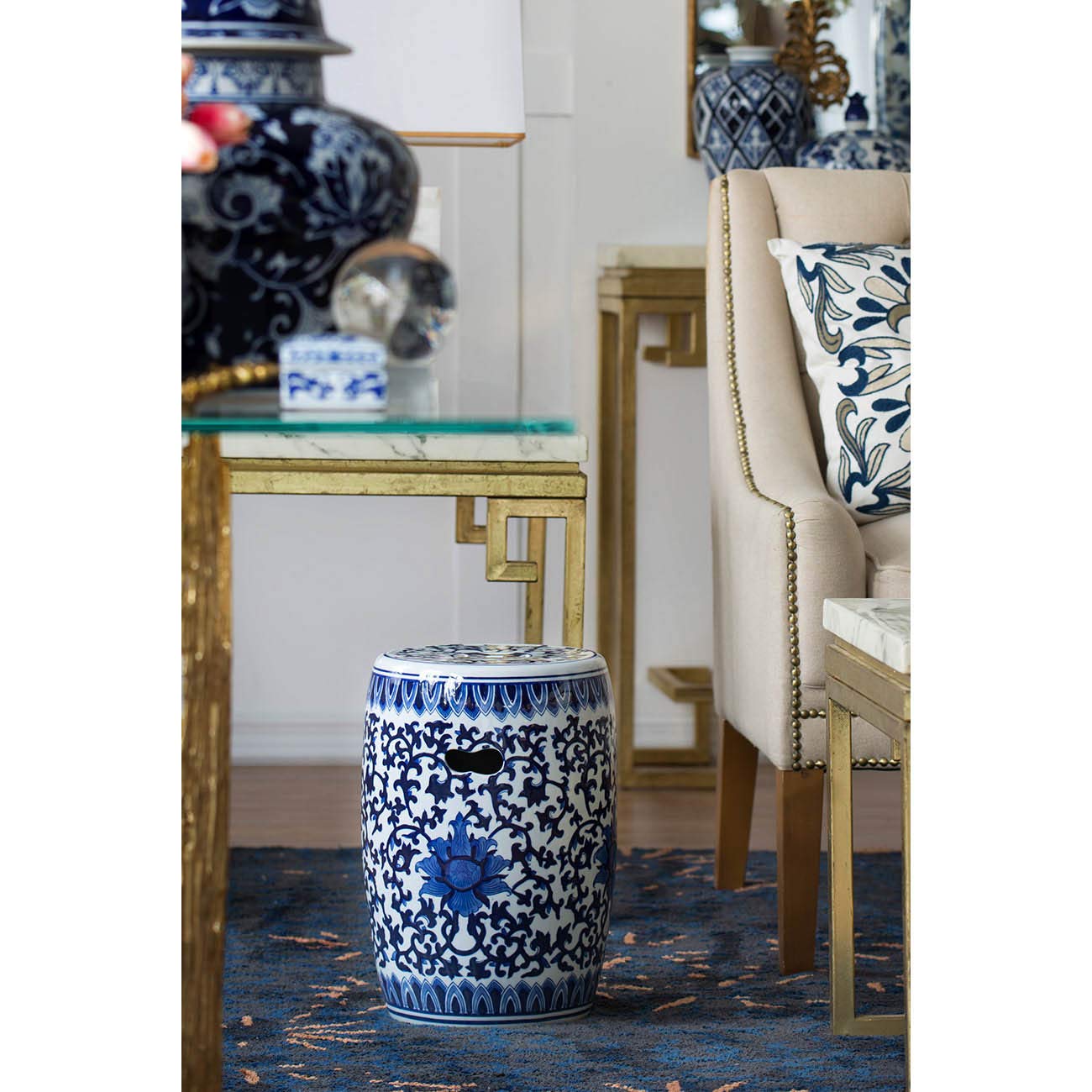 A & B Home Blue and White Asian Style Stool Indoor Multi Purpose Versatile Design Sturdy Glazed Porcelain Finish 11" x 11" x 16"