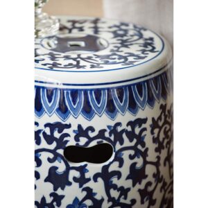 A & B Home Blue and White Asian Style Stool Indoor Multi Purpose Versatile Design Sturdy Glazed Porcelain Finish 11" x 11" x 16"