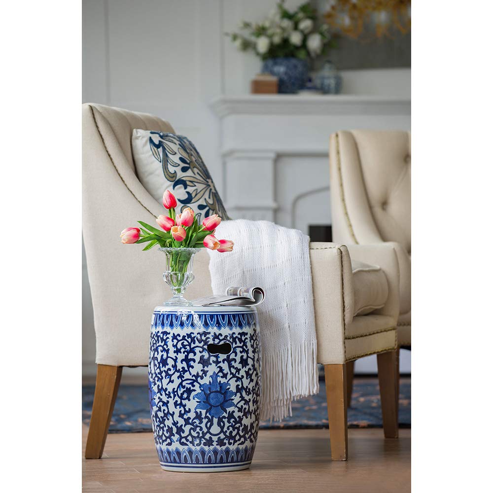 A & B Home Blue and White Asian Style Stool Indoor Multi Purpose Versatile Design Sturdy Glazed Porcelain Finish 11" x 11" x 16"