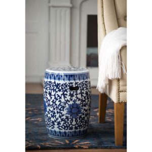 A & B Home Blue and White Asian Style Stool Indoor Multi Purpose Versatile Design Sturdy Glazed Porcelain Finish 11" x 11" x 16"