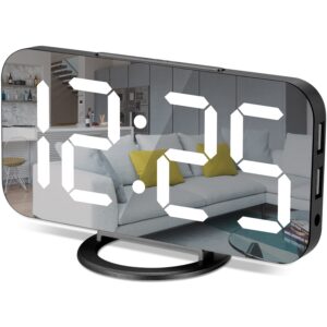 digital alarm clocks,7" led mirror electronic clock,with 2 usb charging ports,snooze mode,auto adjust brightness,modern desk wall clock for bedroom living room office - black