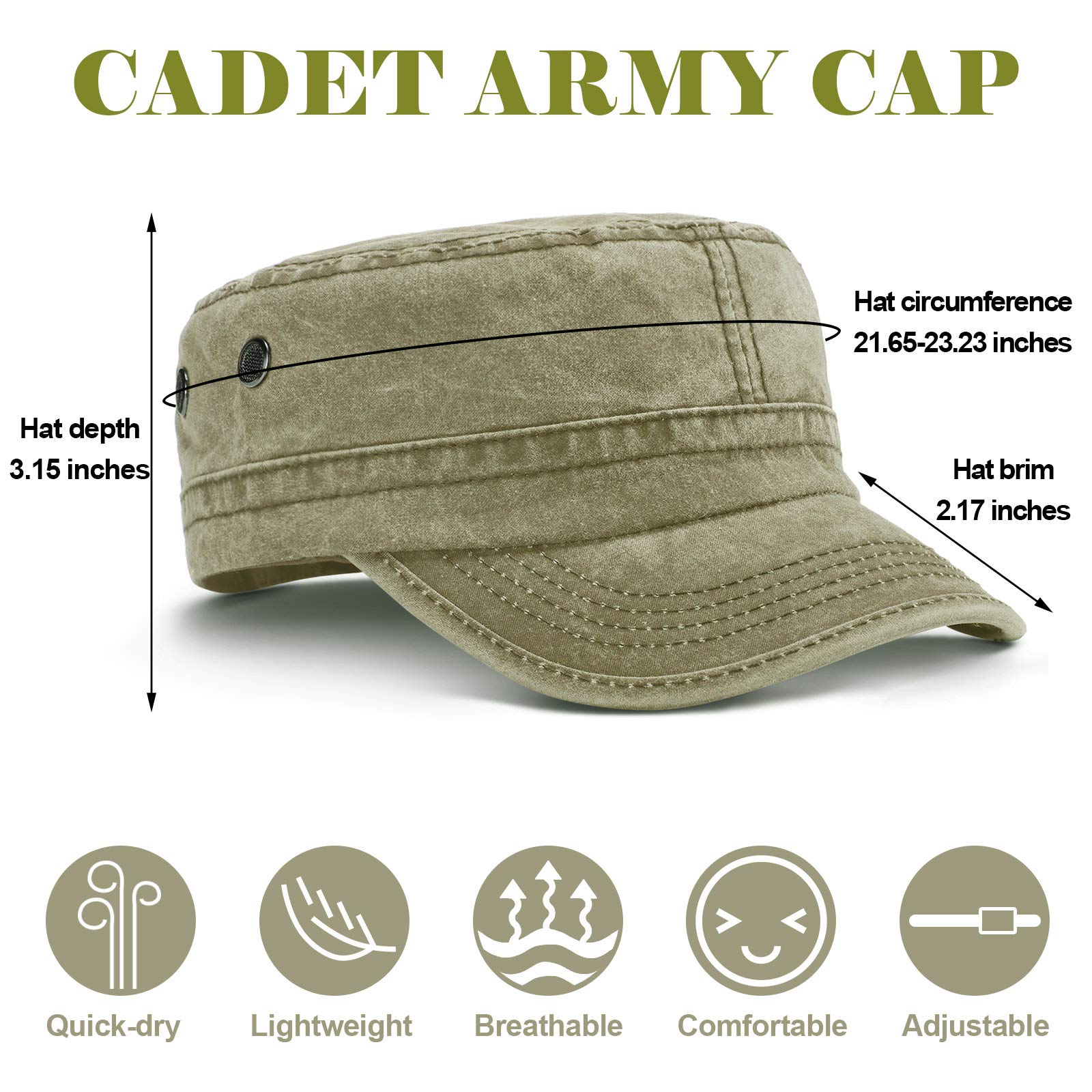 3 Pieces Cadet Army Caps Military Flat Top Caps Washed Cotton Cadet Cap Adjustable Military Style Hat Unisex Baseball Cap (Blue, Black, Army Green)