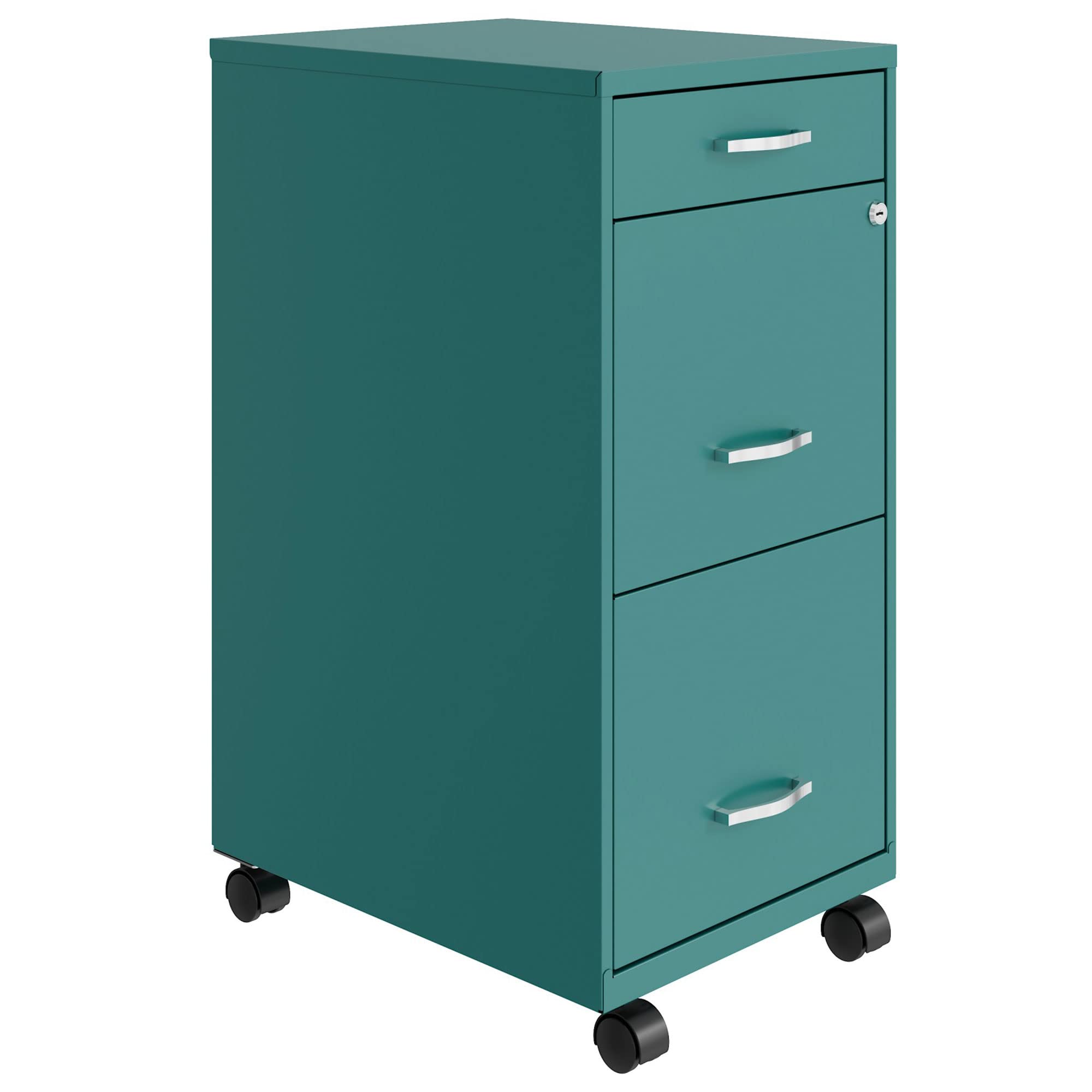 Space Solutions 18 Inch Wide Metal Mobile Organizer File Cabinet for Office Supplies and Hanging File Folders w/Pencil Drawer & 3 File Drawers, Teal