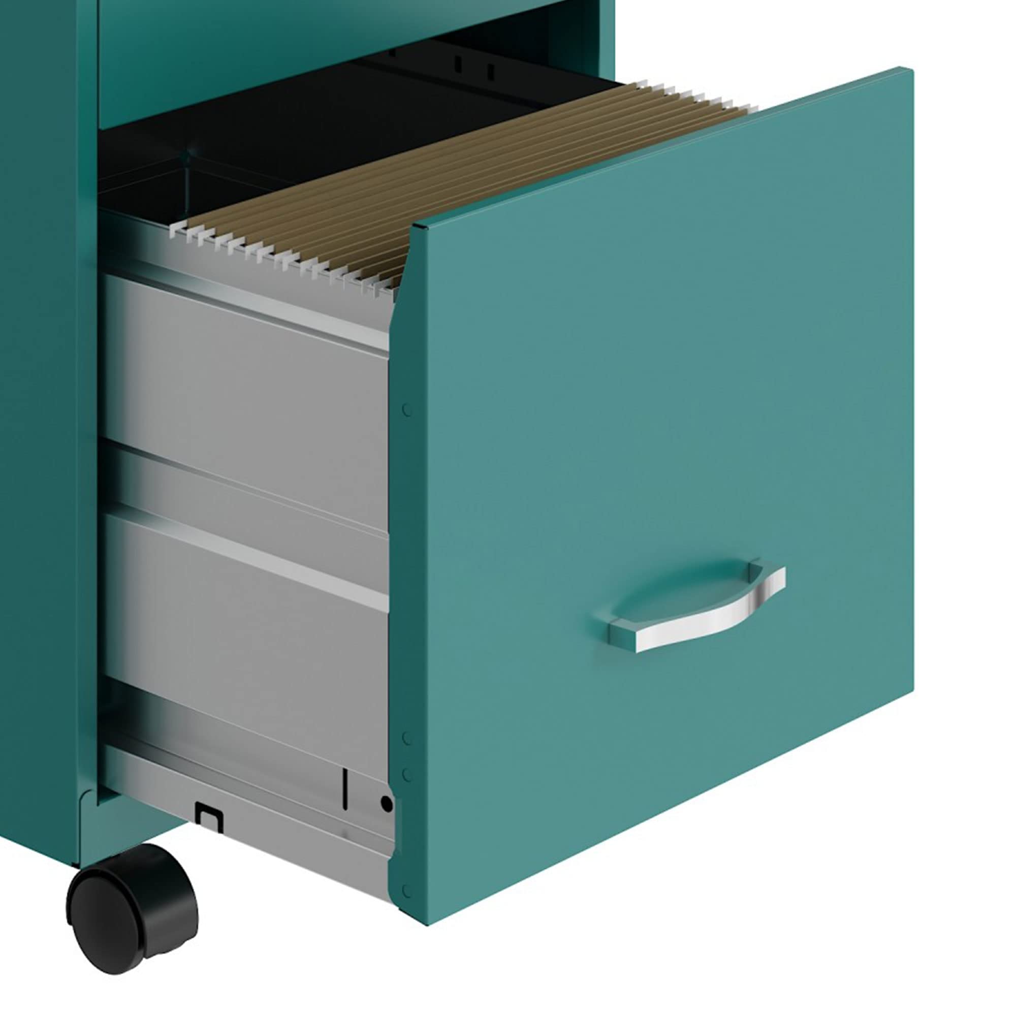 Space Solutions 18 Inch Wide Metal Mobile Organizer File Cabinet for Office Supplies and Hanging File Folders w/Pencil Drawer & 3 File Drawers, Teal