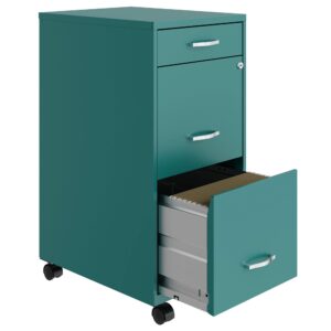 Space Solutions 18 Inch Wide Metal Mobile Organizer File Cabinet for Office Supplies and Hanging File Folders w/Pencil Drawer & 3 File Drawers, Teal