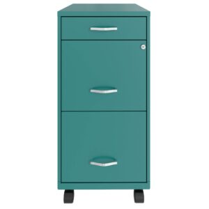 Space Solutions 18 Inch Wide Metal Mobile Organizer File Cabinet for Office Supplies and Hanging File Folders w/Pencil Drawer & 3 File Drawers, Teal