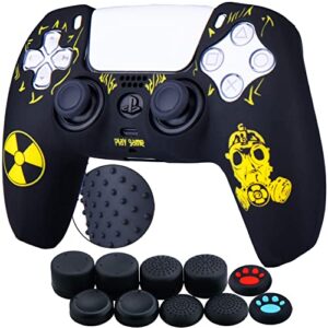 YoRHa Silicone Rubber Back Dots Carving Customizing Skin Cover for PS5 Controller x 1(Radiation Yellow) with Pro Thumb Grips x 10