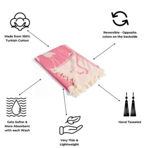 InfuseZen Turkish Towel - Thin & Absorbent Peshtemal Beach Bath Towels - 100% Cotton Oversized Hammam Fouta Towel Lightweight Pool, Gym, Travel Towel with Flamingo Design (Pink)