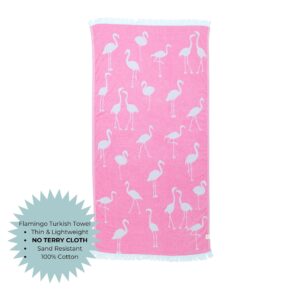 InfuseZen Turkish Towel - Thin & Absorbent Peshtemal Beach Bath Towels - 100% Cotton Oversized Hammam Fouta Towel Lightweight Pool, Gym, Travel Towel with Flamingo Design (Pink)