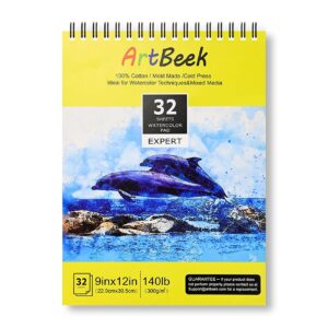 artbeek watercolor pad 9x12 inch, 32 sheets (140lb/300gsm), 100% cotton watercolor paper,cold pressed,acid-free, art sketchbook pad for painting & drawing, wet, mixed media