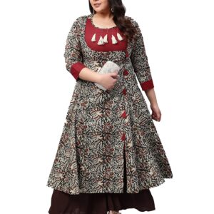 Yash Gallery Women's Cotton Angrakha Style Printed Indian Kalamkari Kurtis (Maroon., XXL)