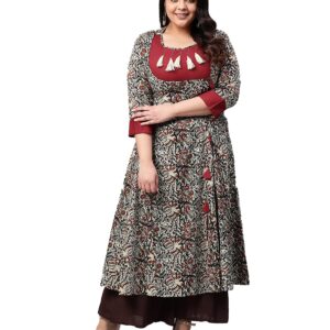 Yash Gallery Women's Cotton Angrakha Style Printed Indian Kalamkari Kurtis (Maroon., XXL)