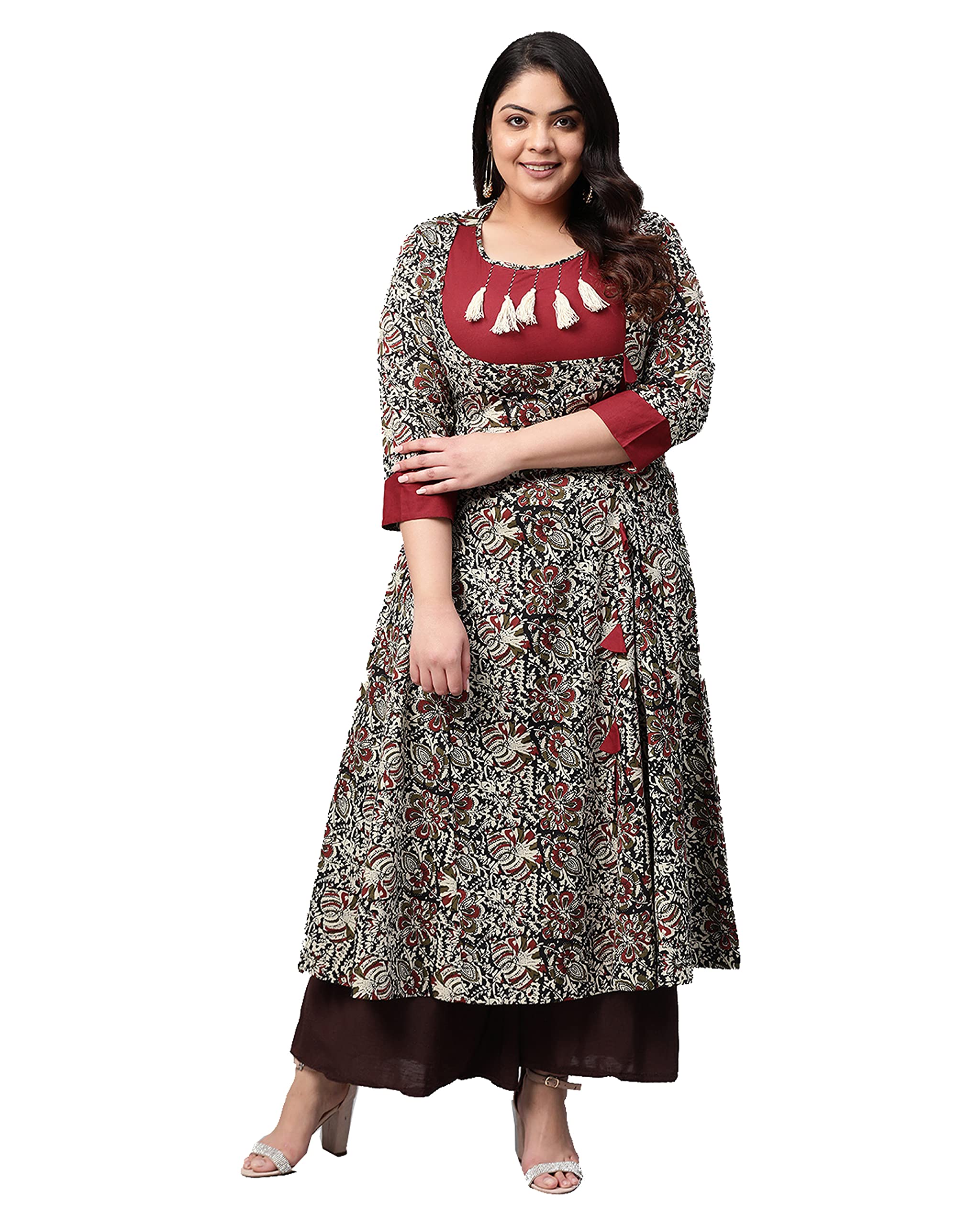 Yash Gallery Women's Cotton Angrakha Style Printed Indian Kalamkari Kurtis (Maroon., XXL)